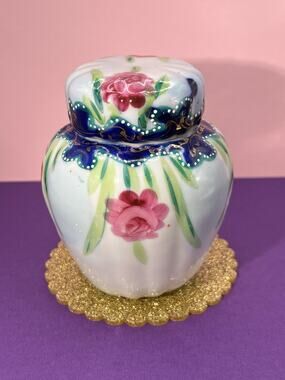Ginger Jar w/Lid Floral Golden Tone Accents Hand Painted 4in